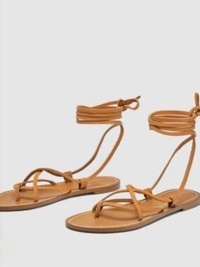 ZARA Leather Lace-Up Flat Sandals Brown Gladiator Size 40